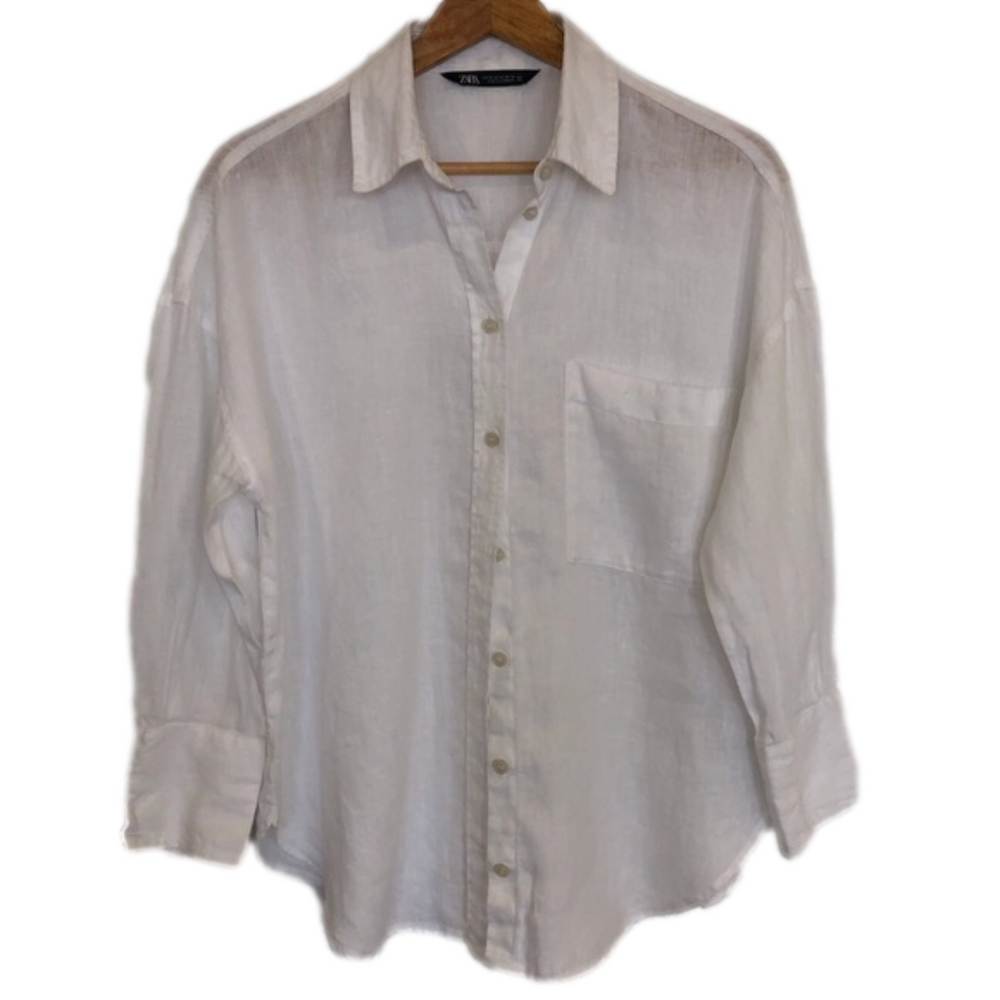 Zara white linen oversized button down long sleeve top Size XS.